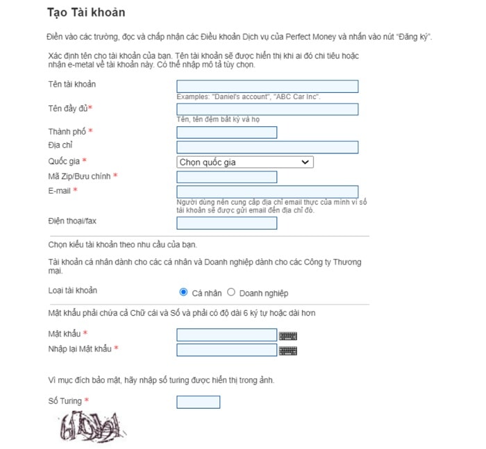 Mục điền thông tin khi đăng ký tài khoản ví Perfect Money 